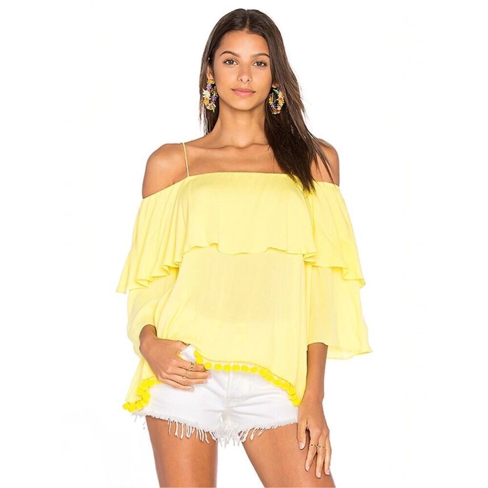 Alice + Olivia Yellow Meagan Off The Shoulder Tiered Pom Trim Blouse Small Boho